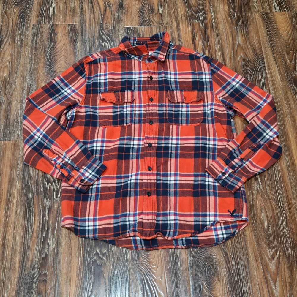 American Eagle Large Flannel Shirt Mens Orange Navy Plaid Cotton Long Sleeve L